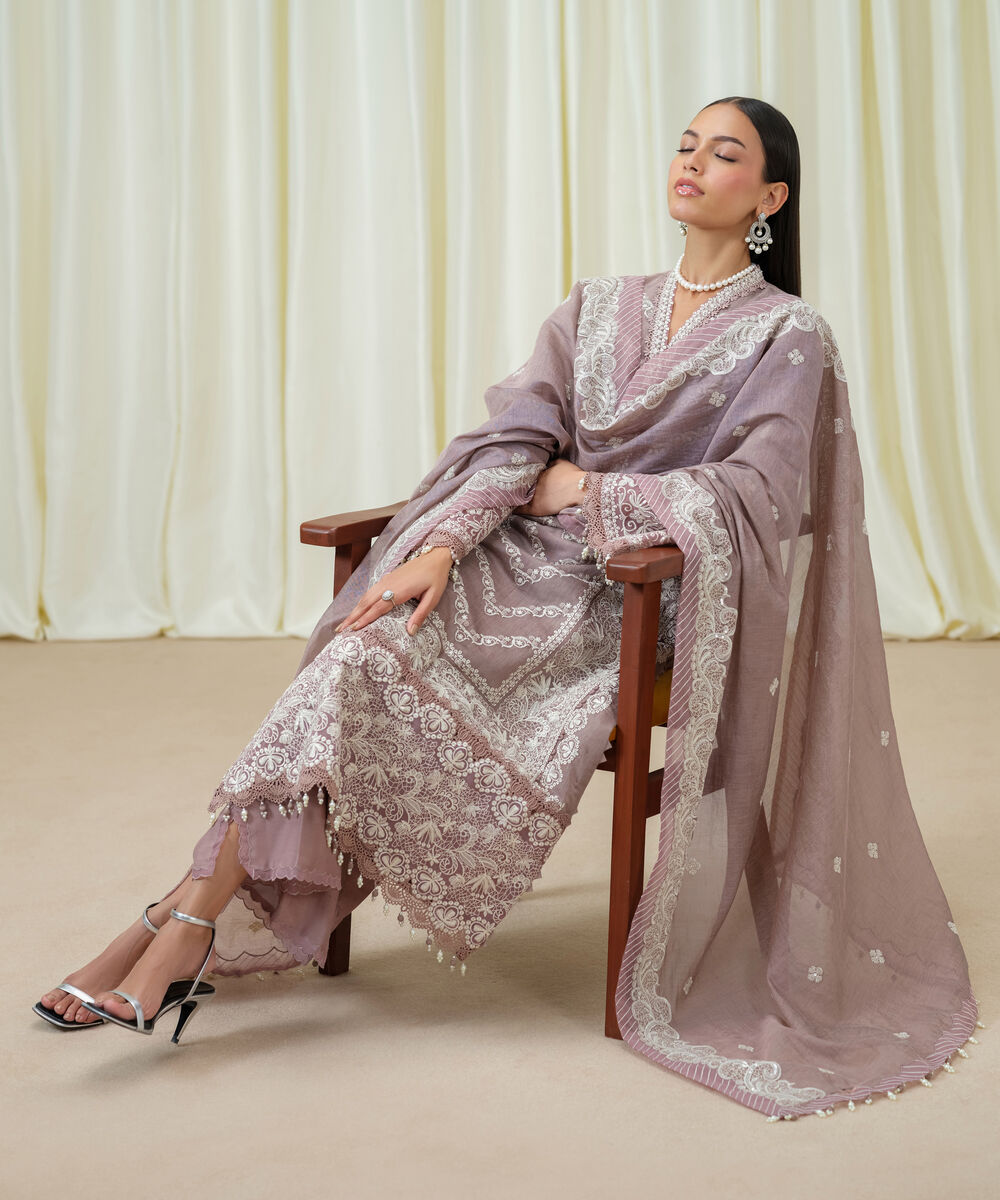 Women's Unstitched Blended Muslin Embroidered Pink 3 Piece Suit