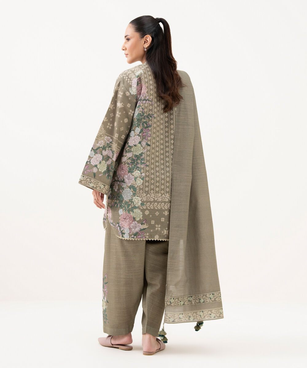 Women's Unstitched Khaddar Printed Grey 3 Piece Suit