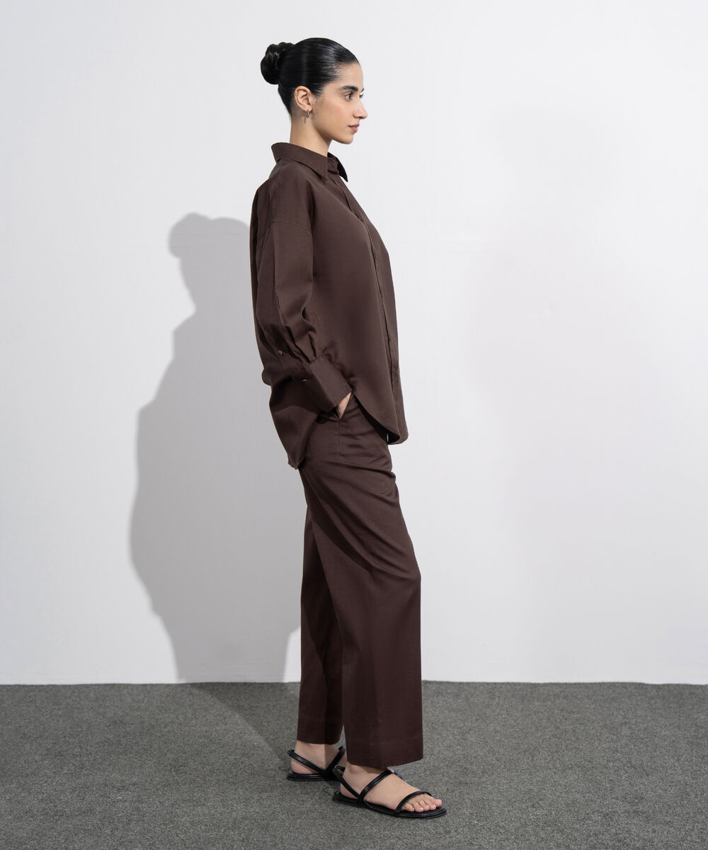 Women's Western Wear Brown Loose Fit Linen Blend Shirt