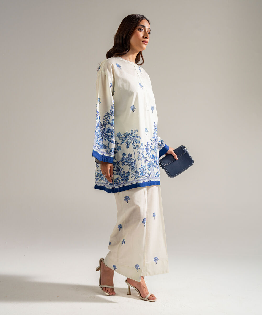 Women's RTW Slub Lawn Printed Off White Drop Shoulder Shirt