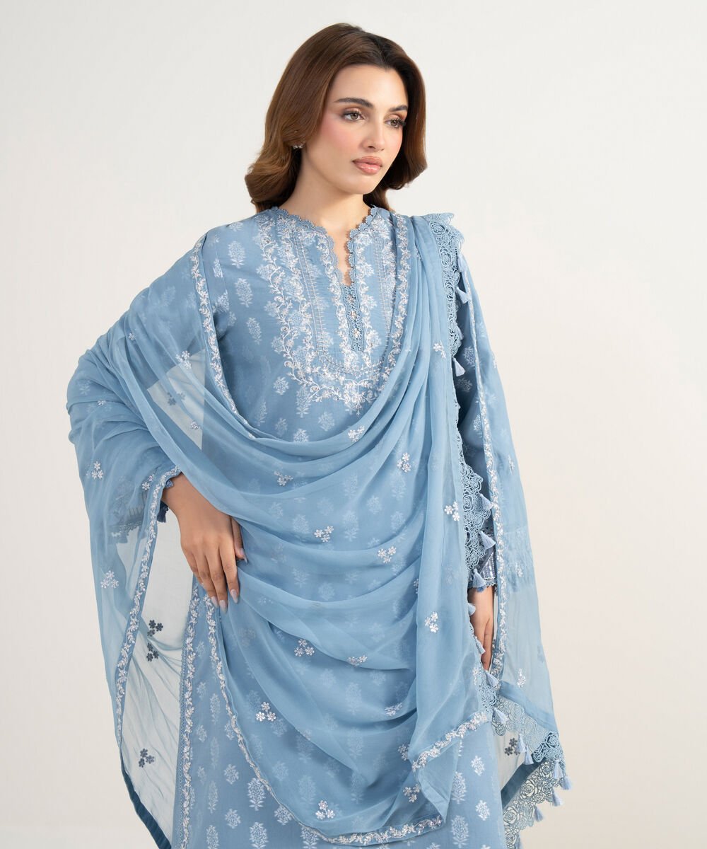 Women's Unstitched Extra Weft Jacquard Embroidered Blue 3 Piece Suit
