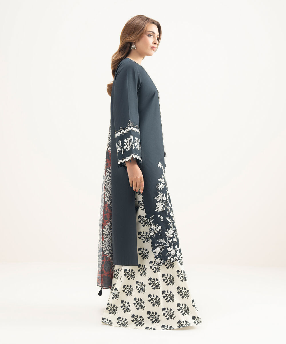 Women's Unstitched Textured Lawn Embroidered Black 3 Piece Suit