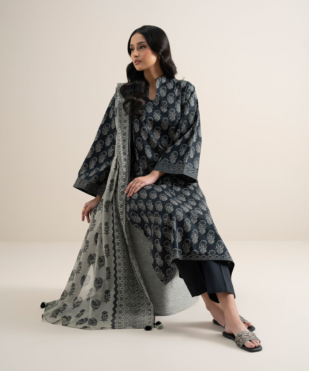 Women's Unstitched Lawn Printed Off White and Black 3 Piece Suit