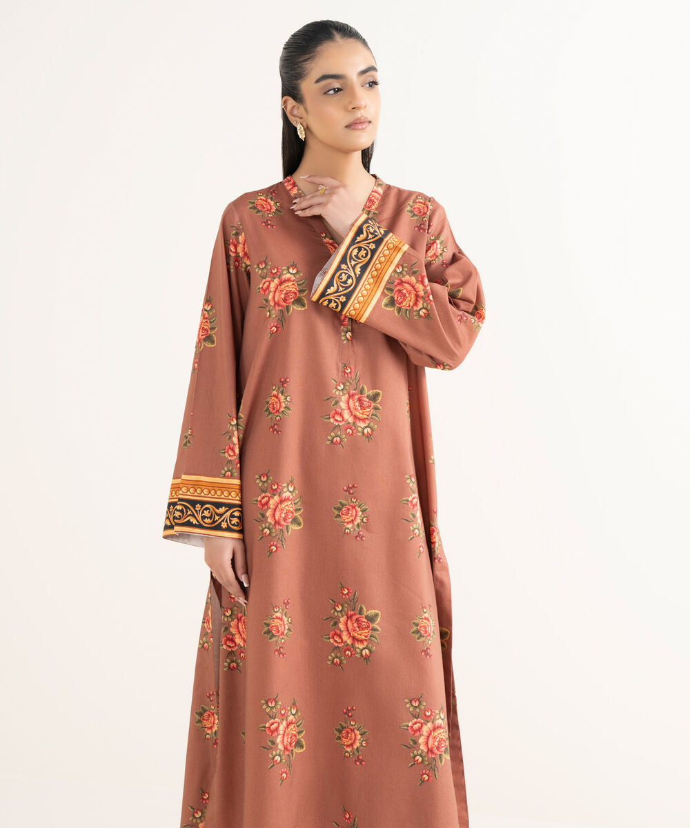 Women's RTW Cotton Viscose Printed Straight Brown Shirt