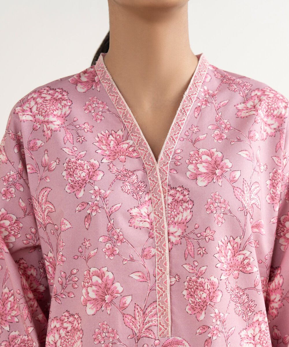 Women's Unstitched Cotton Printed Pink 3 Piece Suit
