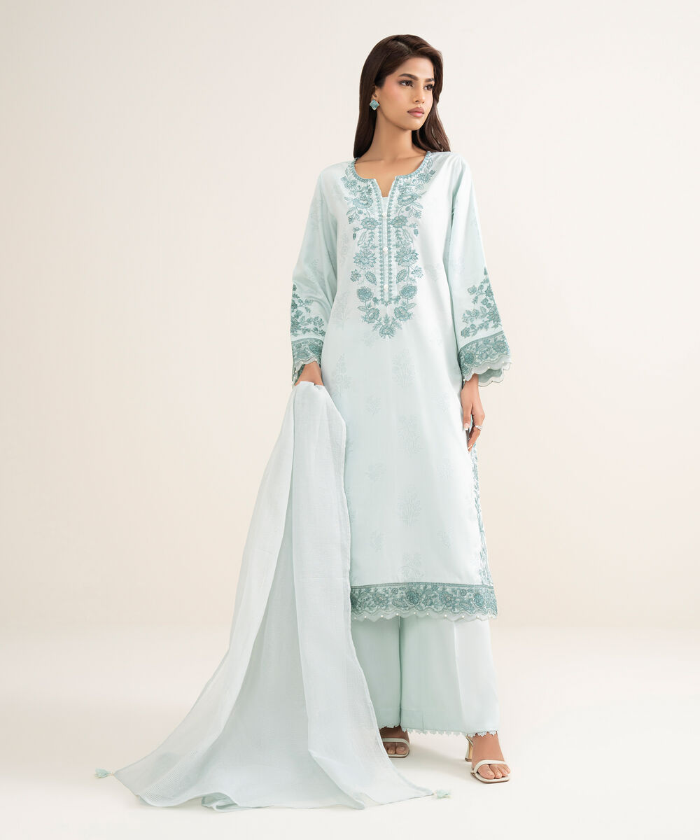 Women's RTW Lawn Embroidered Green A-Line Shirt