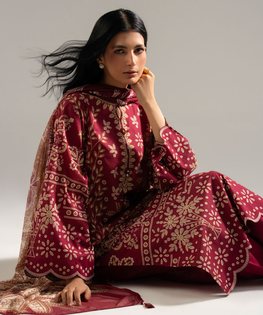 Women's RTW Slub Lawn Printed Red 3 Piece Suit