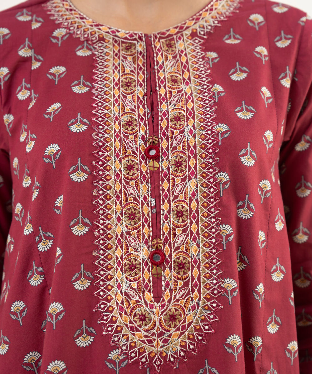 Women's RTW Cambric Maroon Embroidered A-Line Shirt