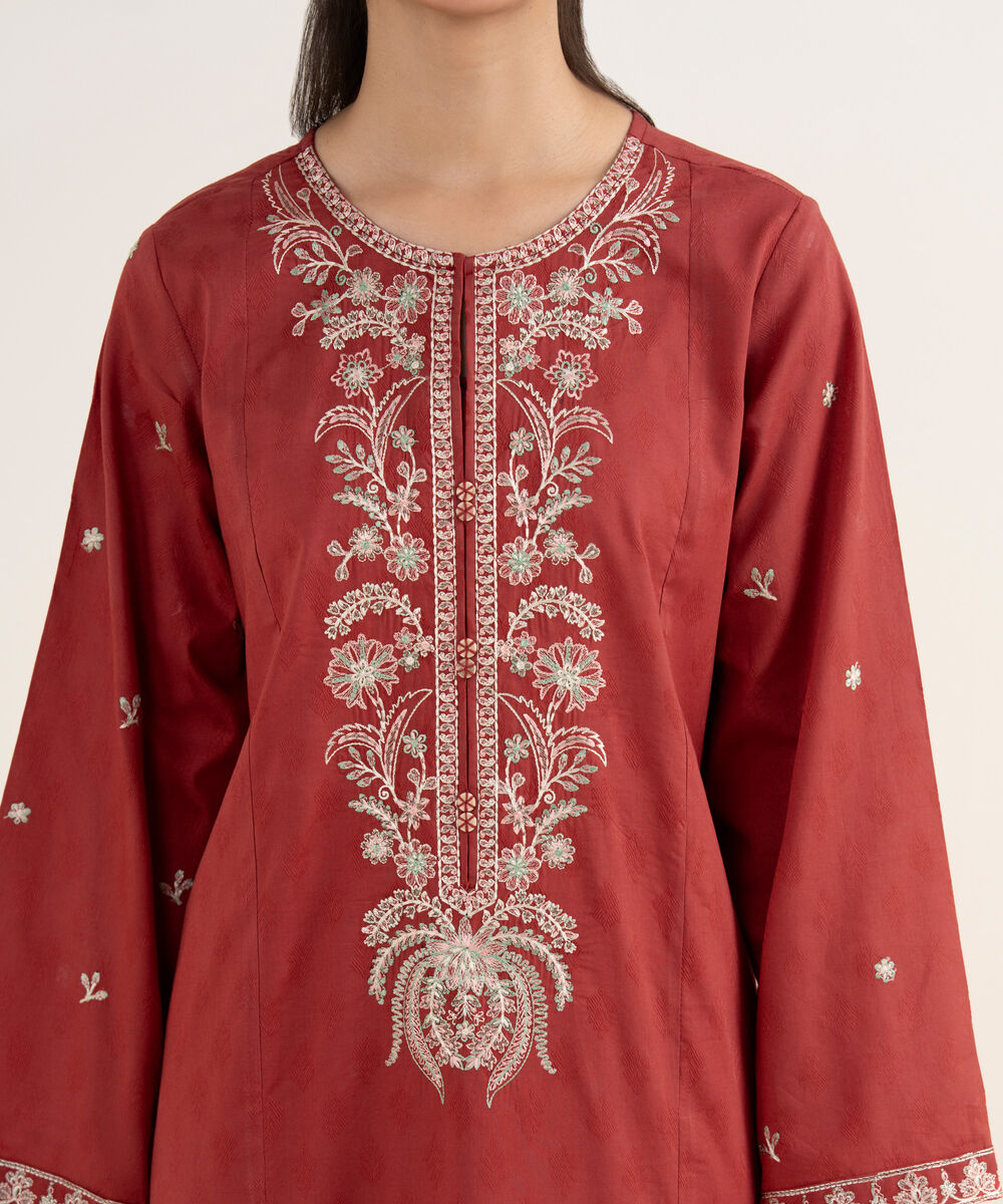 Women's RTW Self Jacquard Leno Embroidered Rust A-Line Shirt