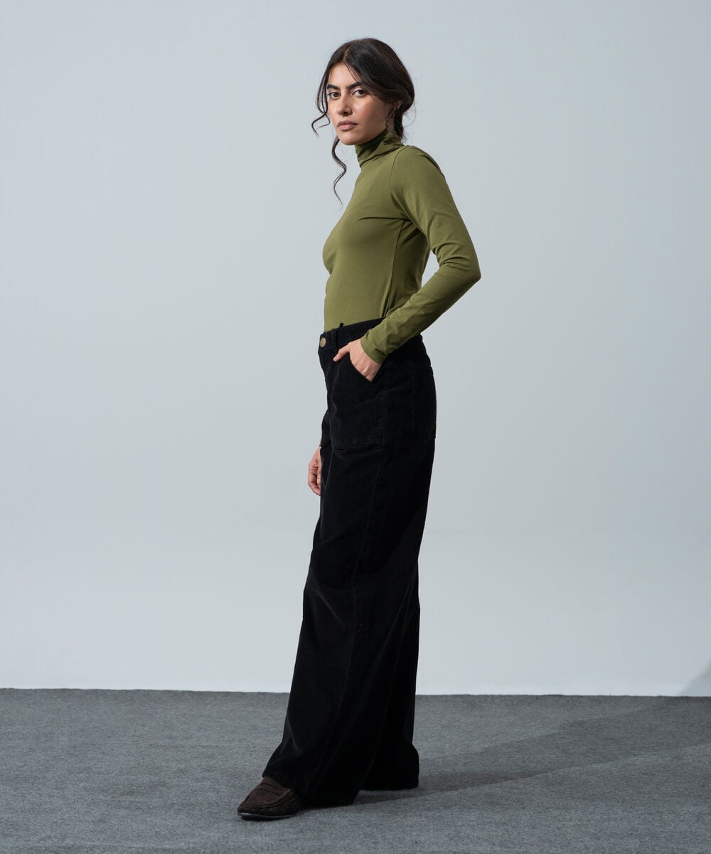 Women's Western Wear Black Cotton Corduroy Wide Leg Pants