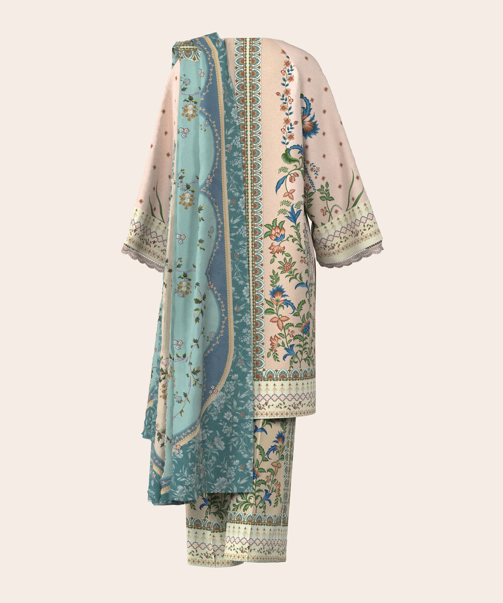 Women's Unstitched Lawn Beige  Embroidered 3 Piece Suit