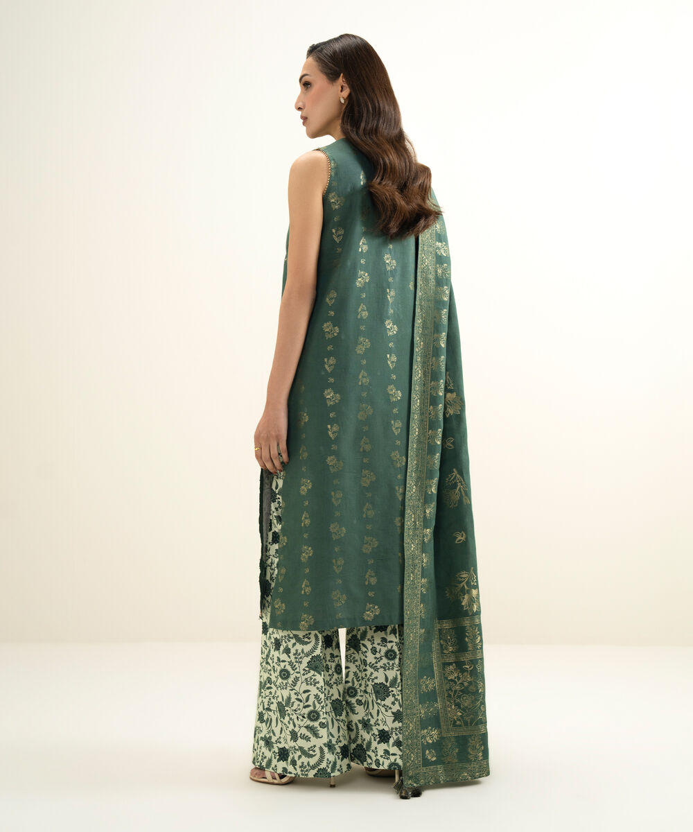 Women's Unstitched Extra Weft Jacquard Embroidered Green 3 Piece Suit
