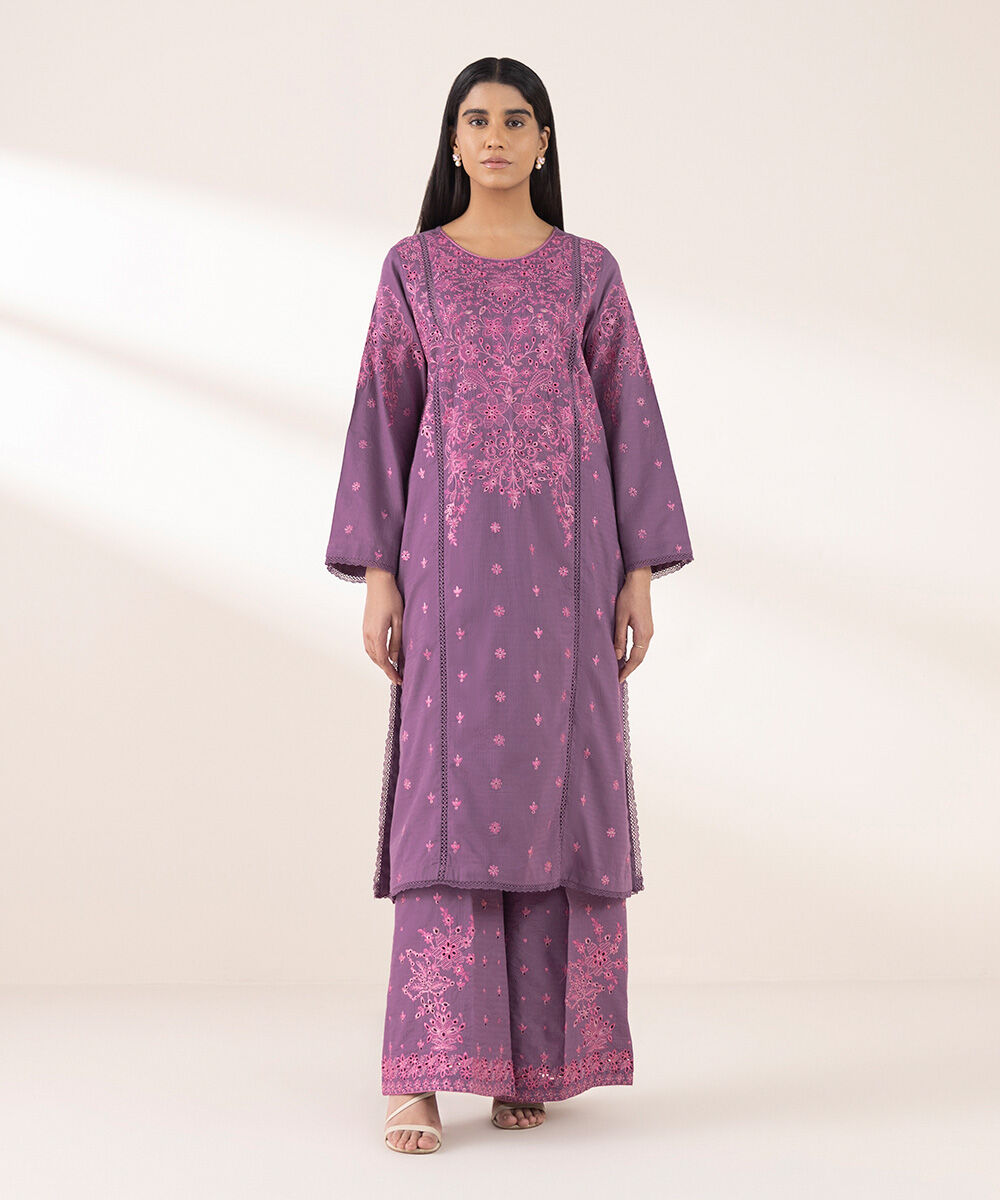 Women's RTW Dobby Purple Embroidered A-Line Shirt