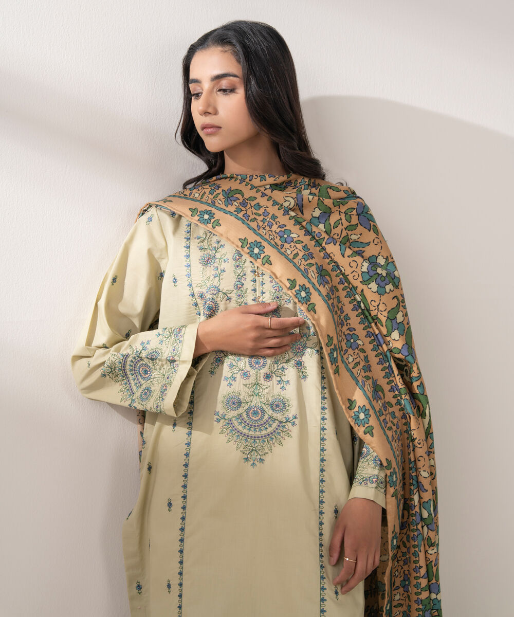 Women's RTW Cotton Embroidered Beige 2 Piece Suit