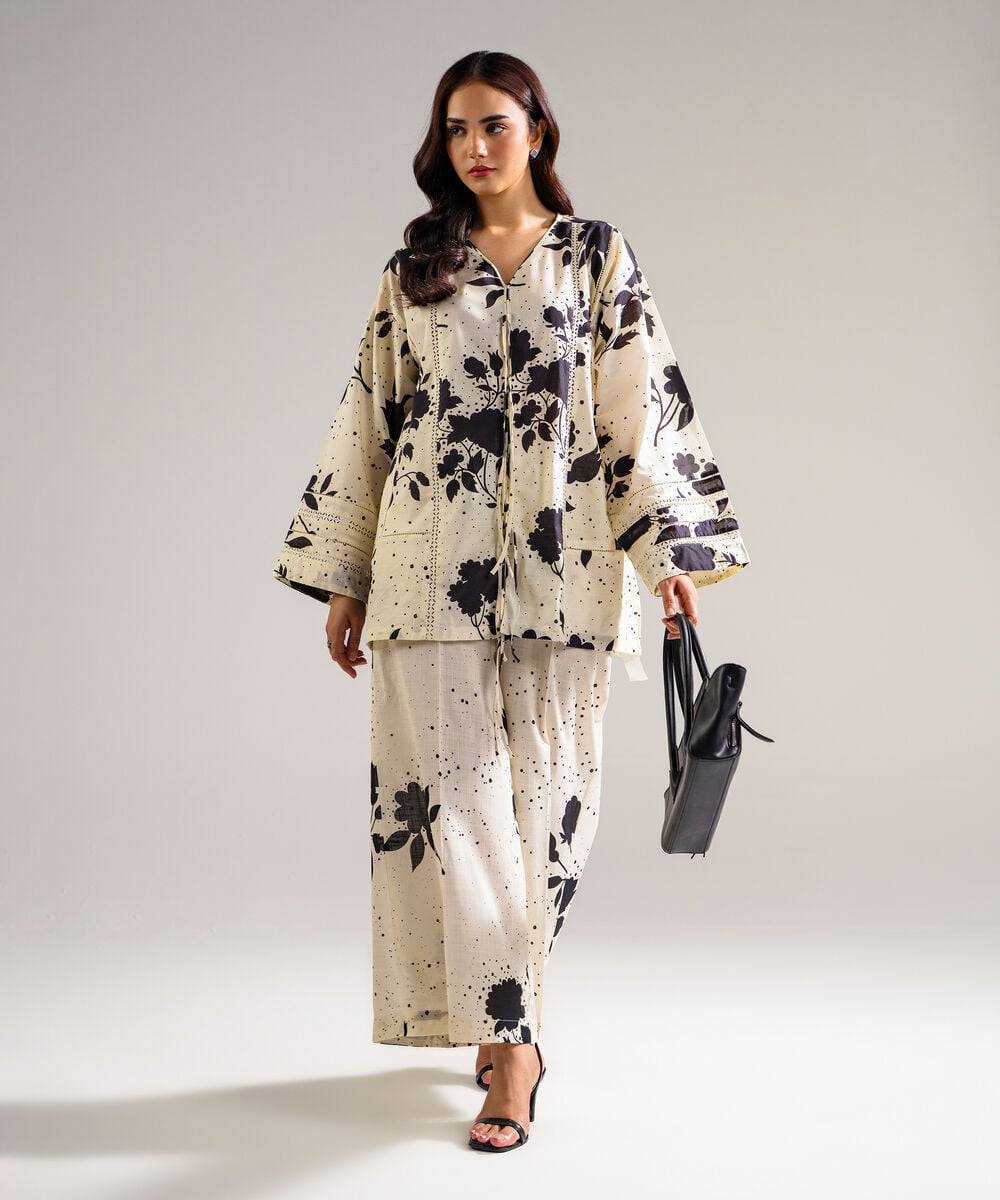 Women's RTW Slub Lawn Printed White Drop Shoulder Shirt