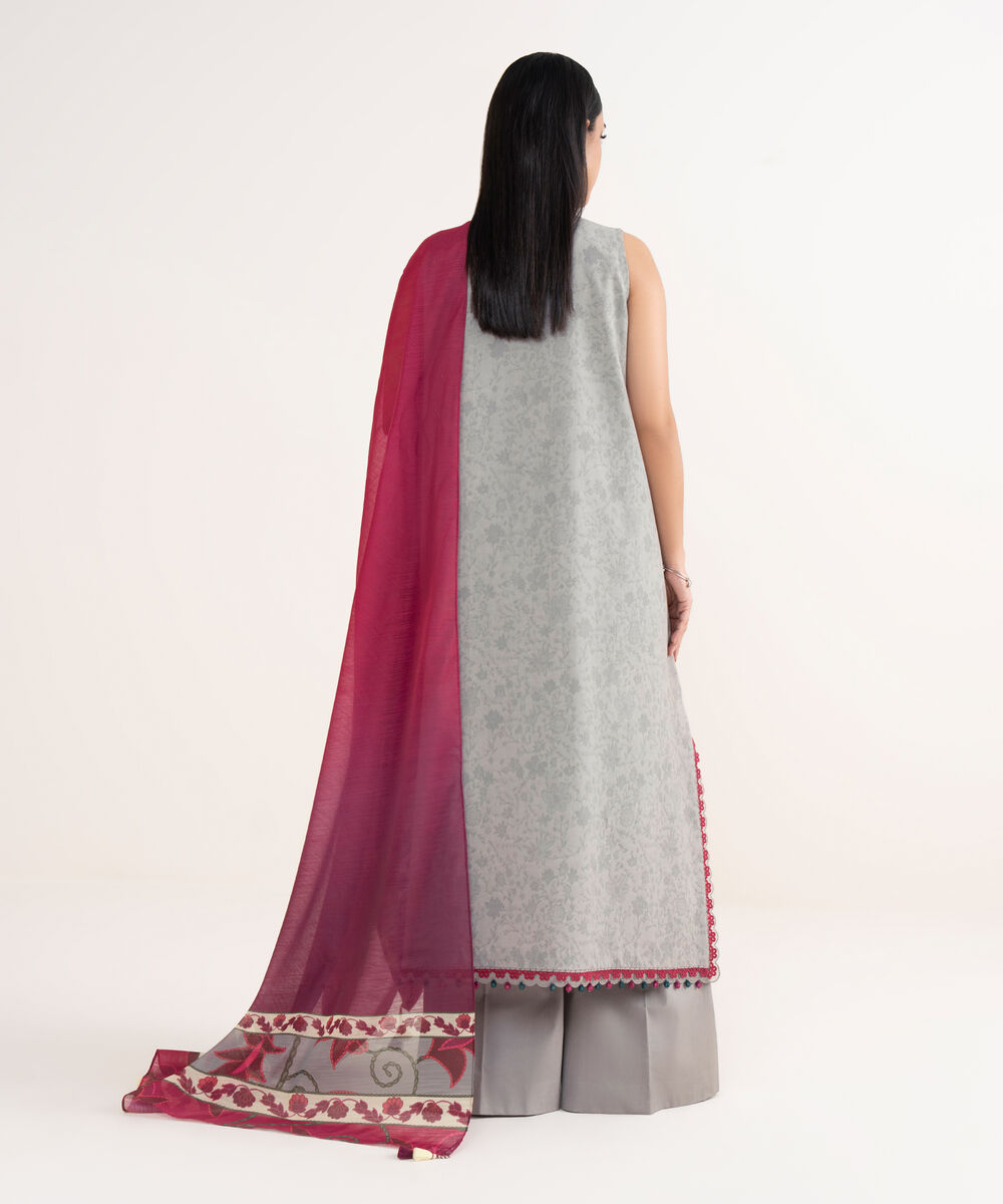 Women's Unstitched Cotton Jacquard Embroidered Grey 3 Piece Suit