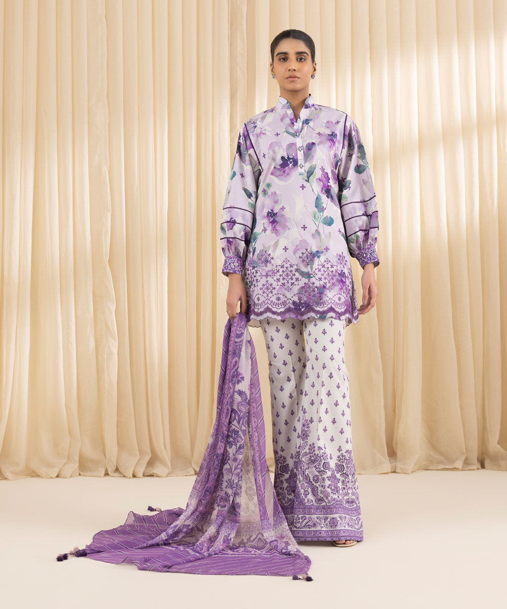 Unstitched Women's Embroidered Lawn Purple Three Piece Suit