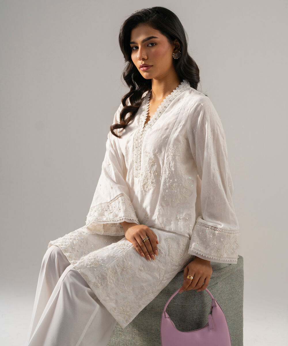 Women's RTW Self Jacquard Solid Embroidered Off White 2 Piece Suit