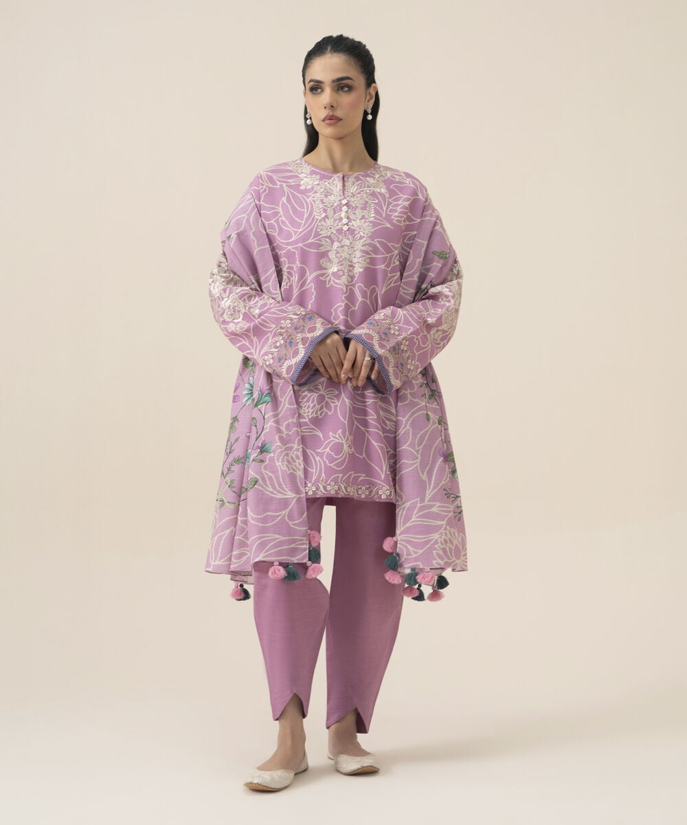 Women's Unstitched Premium Khaddar Embroidered Lilac 3 Piece Suit
