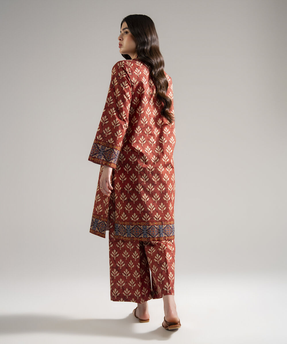 Women's RTW Lawn Printed Rust 2 Piece Suit