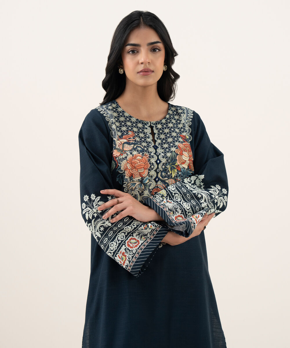 Women's RTW Khaddar Printed Blue A-Line Shirt