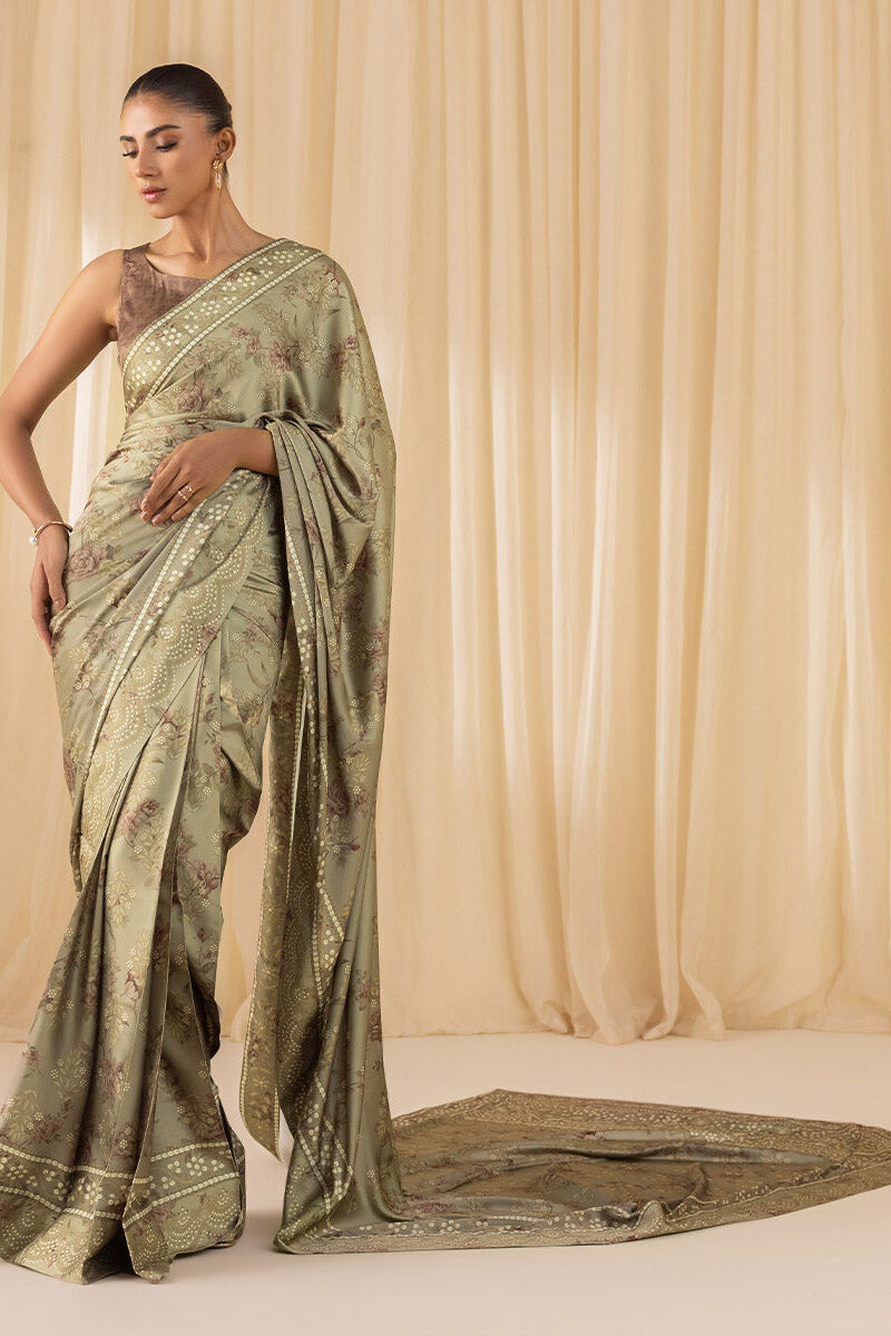 3 Piece -  Printed Satin Saree