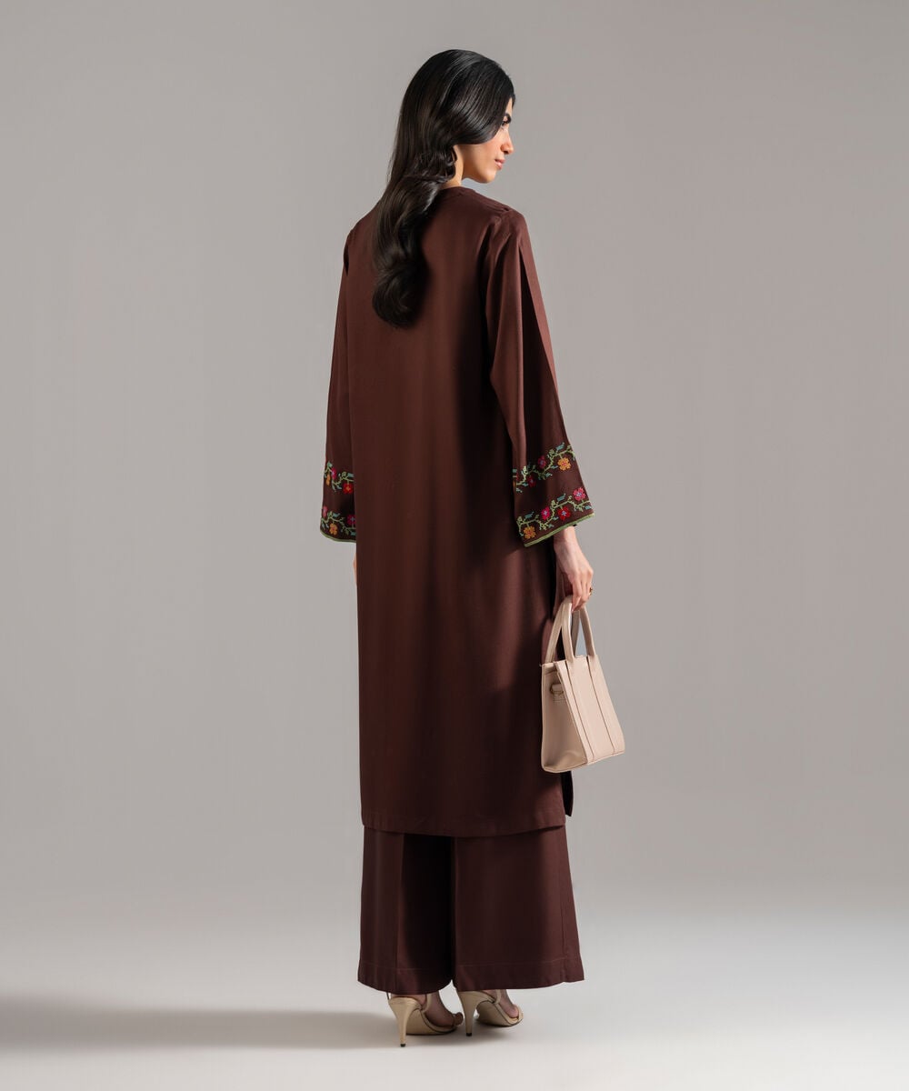 Women's RTW Bedford Solid Embroidered Brown Straight Shirt
