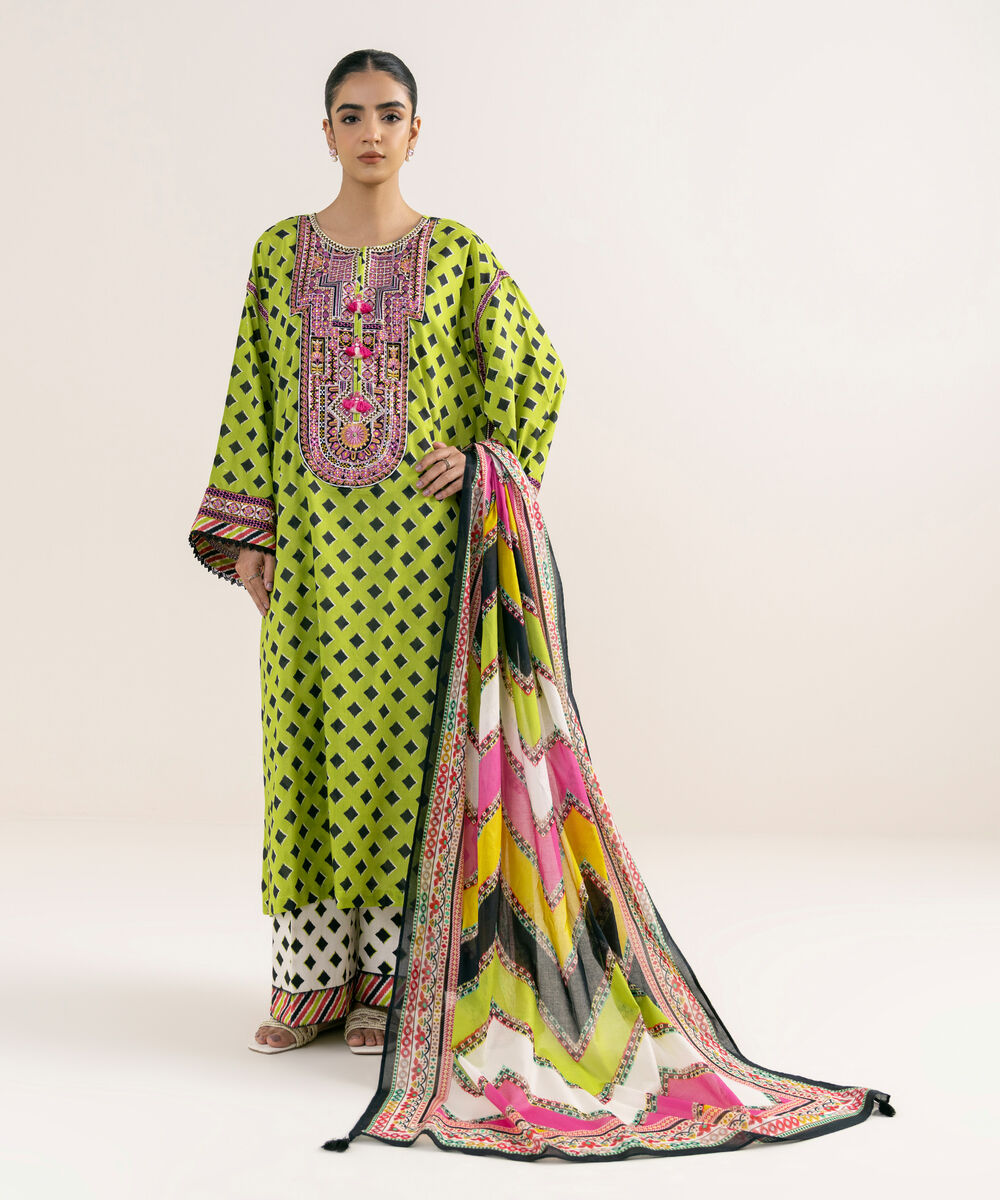 Women's RTW Lawn Green Embroidered 3 Piece Suit