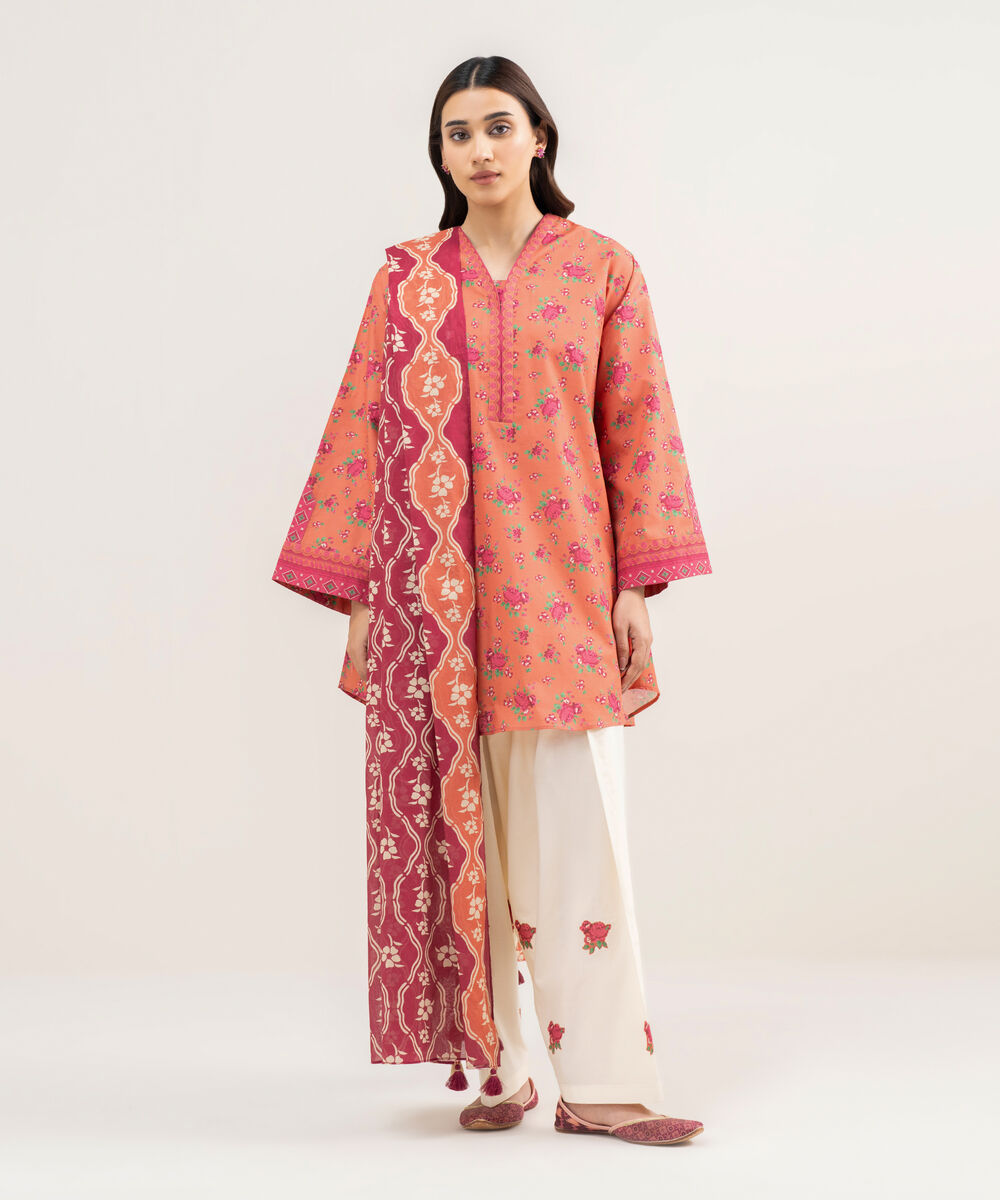 Women's Unstitched Lawn Printed Orange 2 Piece Suit
