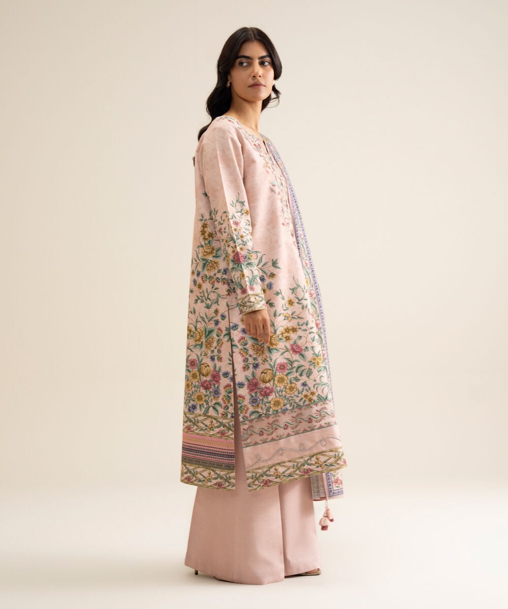 Women's Unstitched Light Khaddar Embroidered Light Pink 3 Piece Suit