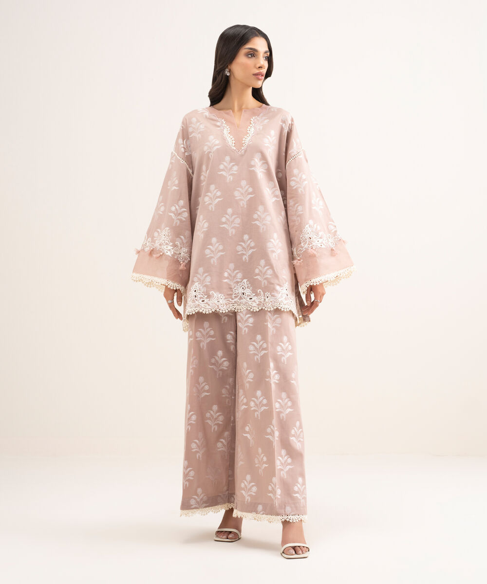 Women's RTW Self Jacquard Embroidered Beige 2 Piece Suit