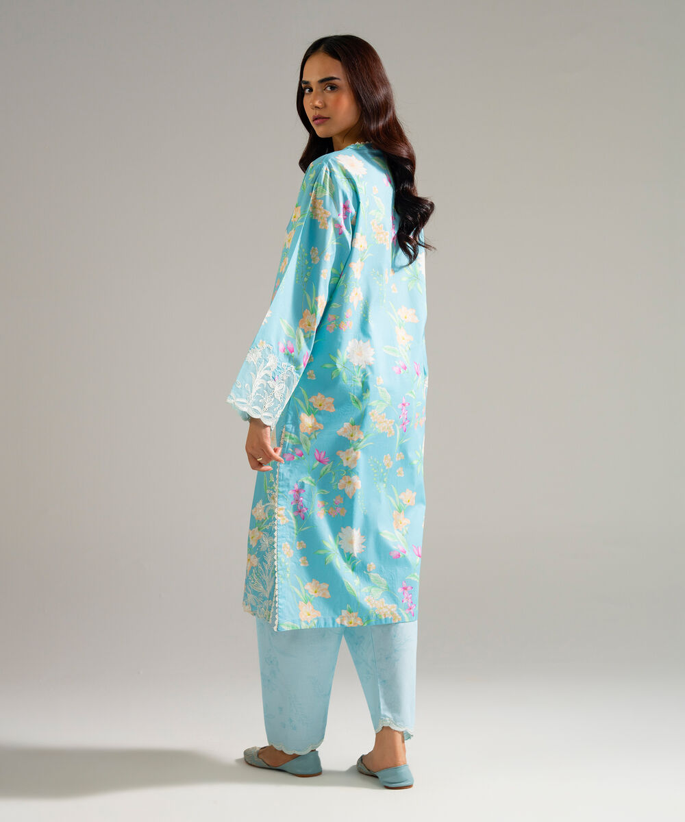 Women's RTW Lawn Embroidered Blue Straight Shirt