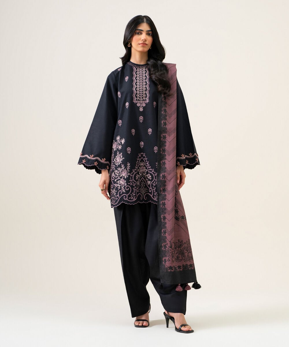 Womens Unstitched Light Khaddar Embroidered Black 3 Piece Suit