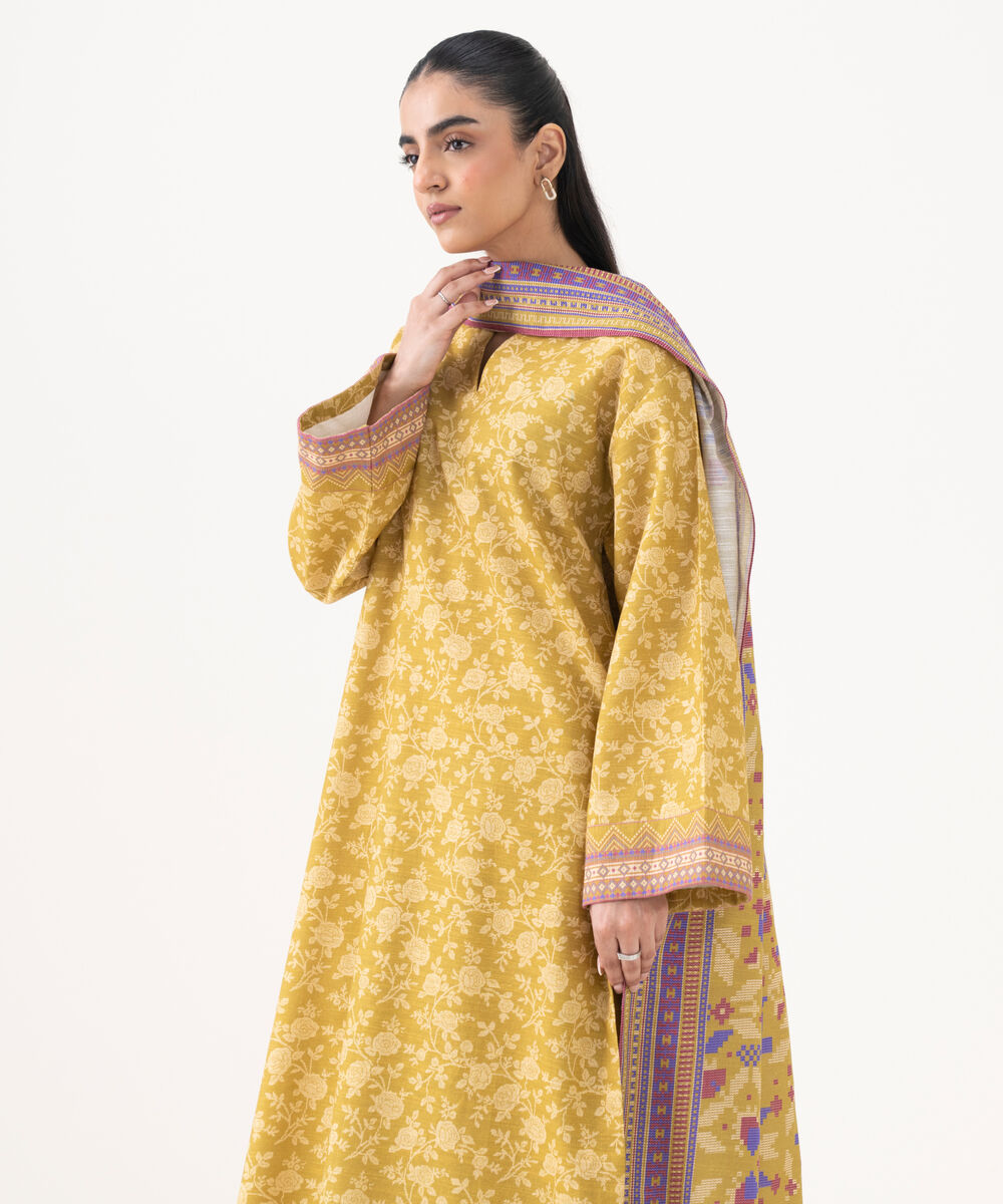 Women's Unstitched Khaddar Printed Yellow 3 Piece Suit