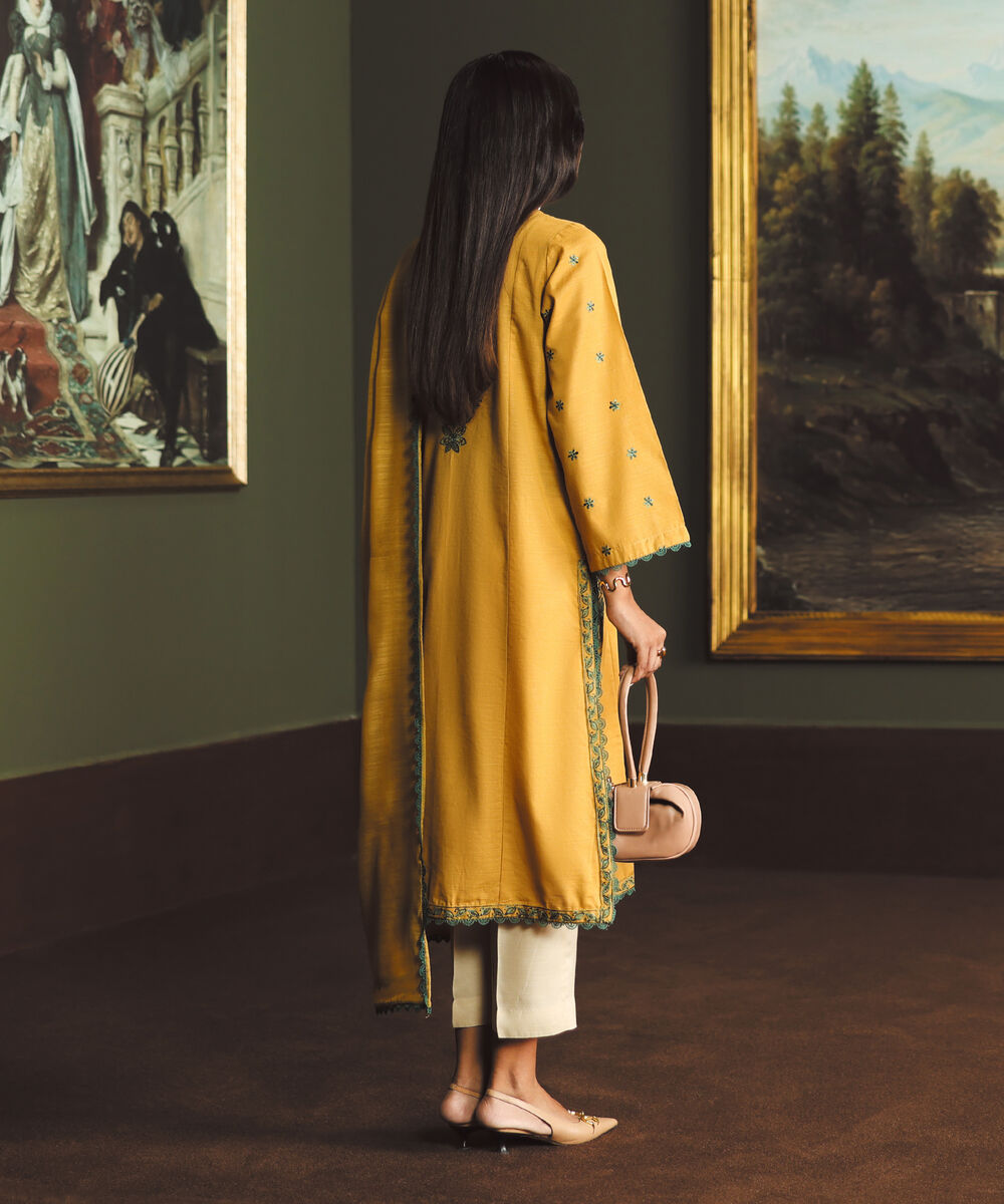 Women's RTW Light Khaddar Embroidered Yellow A-Line Shirt