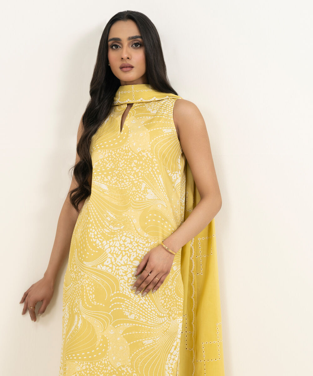 Women's Unstitched Lawn Printed Yellow 3 Piece Suit