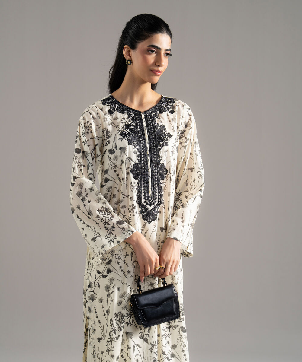 Women's RTW Lawn Printed Embroidered Cream White 2 Piece Suit
