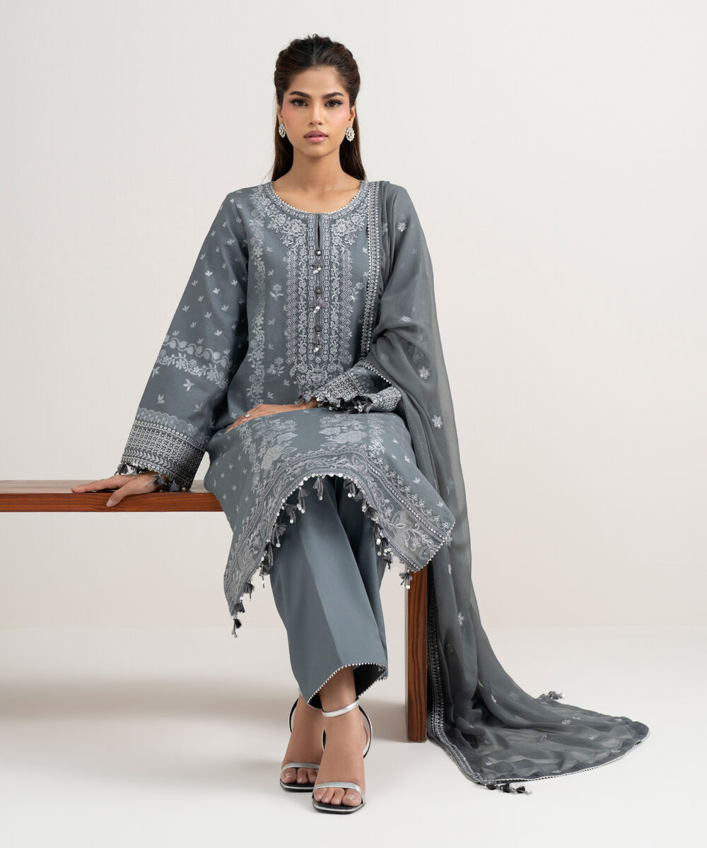 Women's Unstitched Extra Weft Jacquard Embroidered Grey 3 Piece Suit