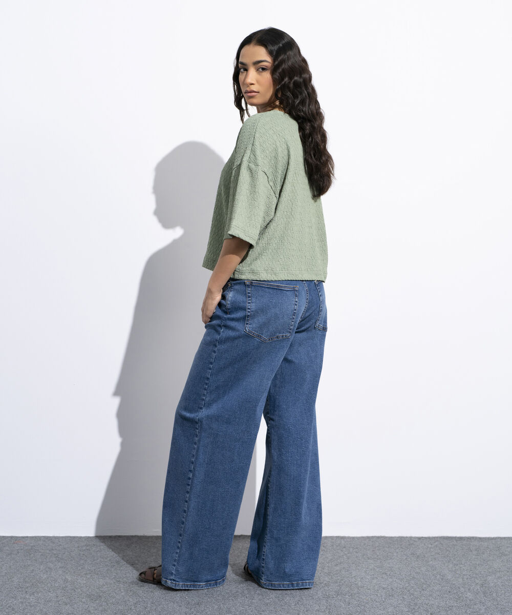 Women's Sage Green Short Body Textured T-Shirt