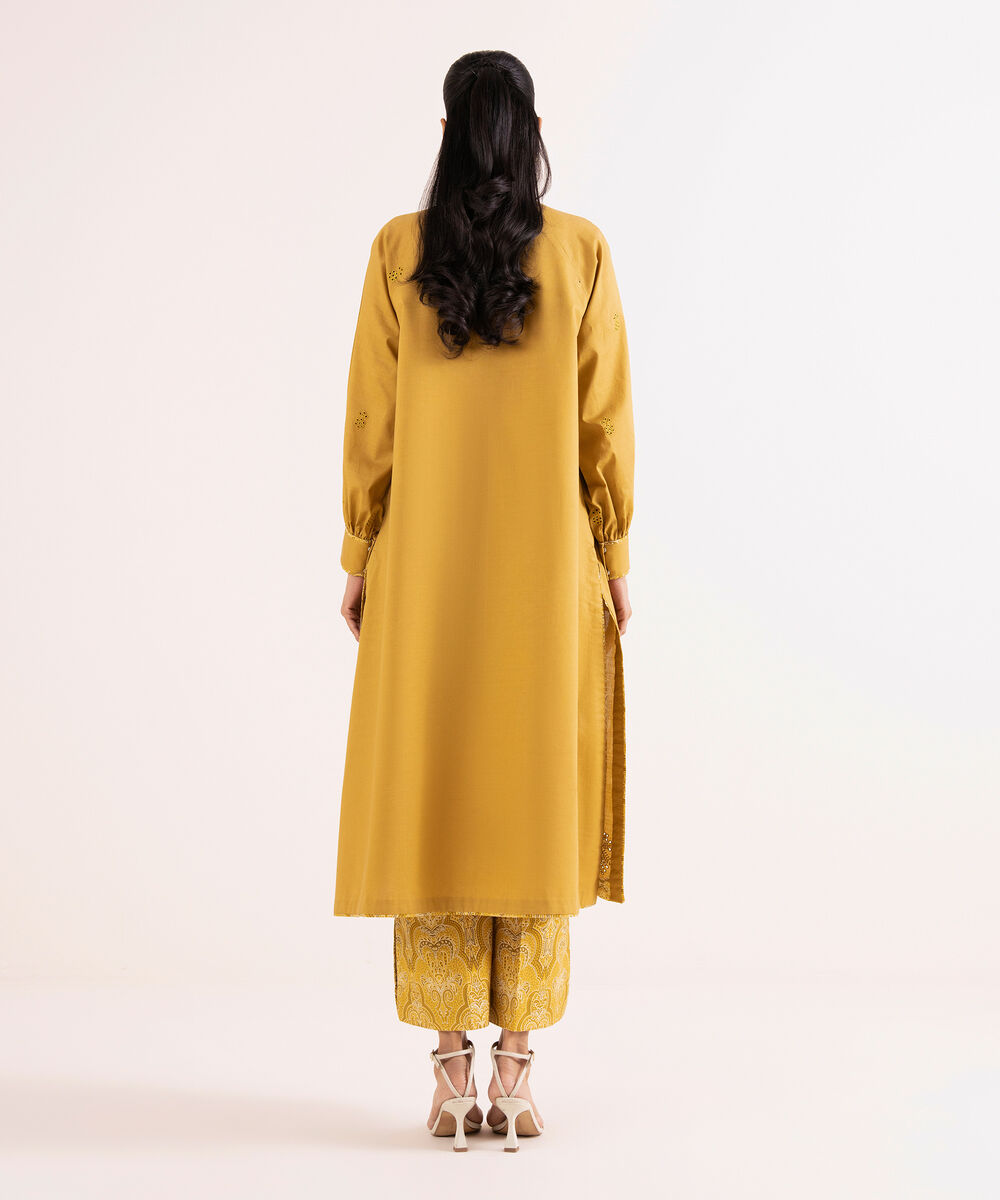 Women's Unstitched Textured Cotton Embroidered Yellow 2 Piece Suit