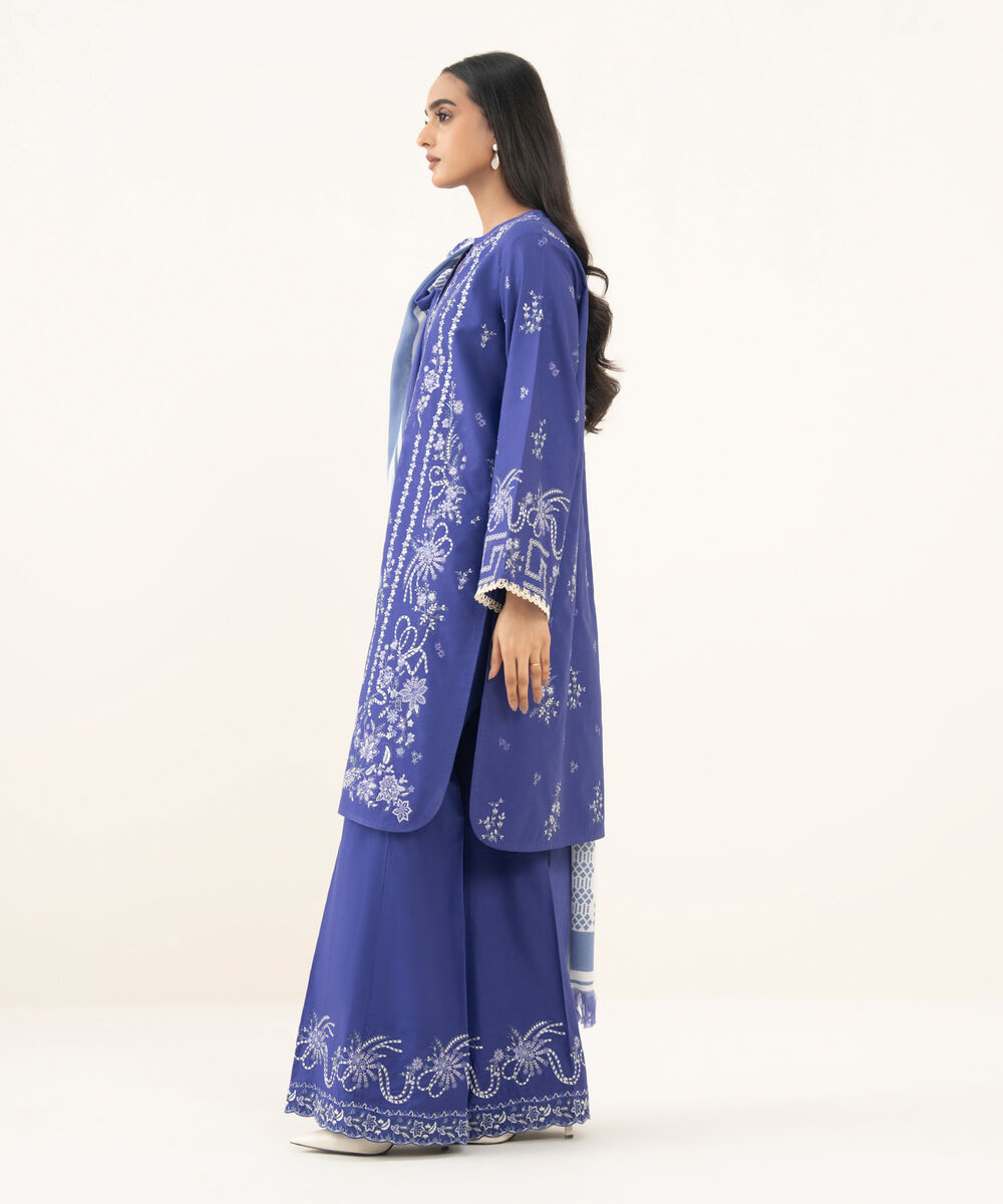 Women's Unstitched Embroidered Khaddar Blue 3 Piece Suit