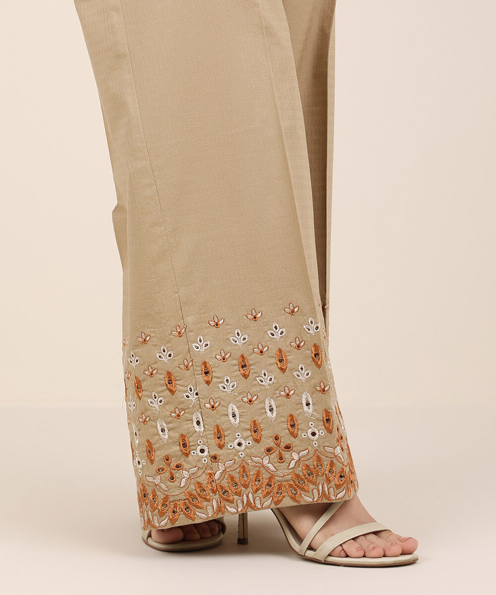 Women's RTW Textured Cotton Brown Embroidered Flared Pants