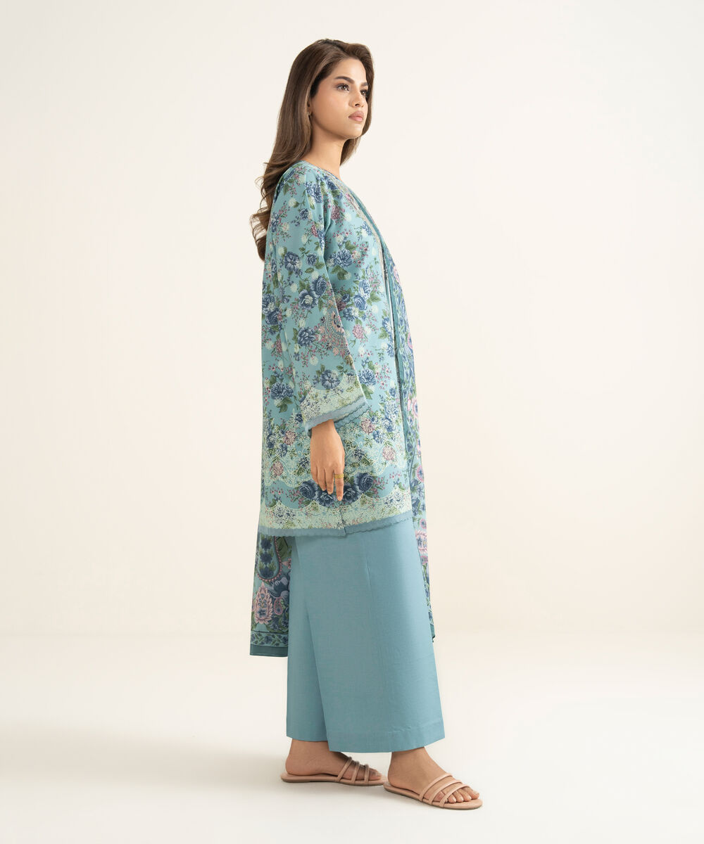 Women's Unstitched Lawn Embroidered Blue 3 Piece Suit