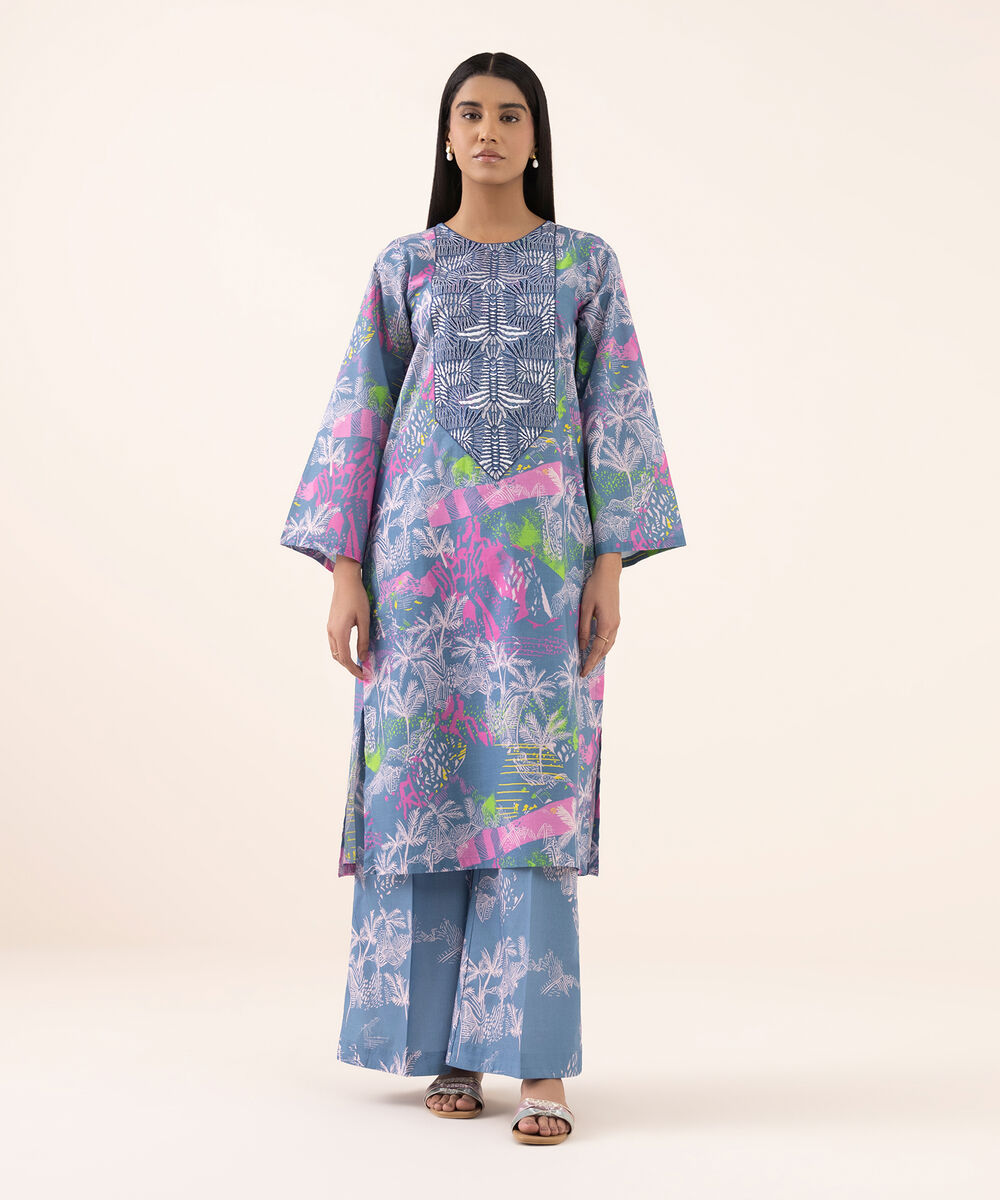 Women's RTW Texured Lawn Blue Printed Aline Shirt