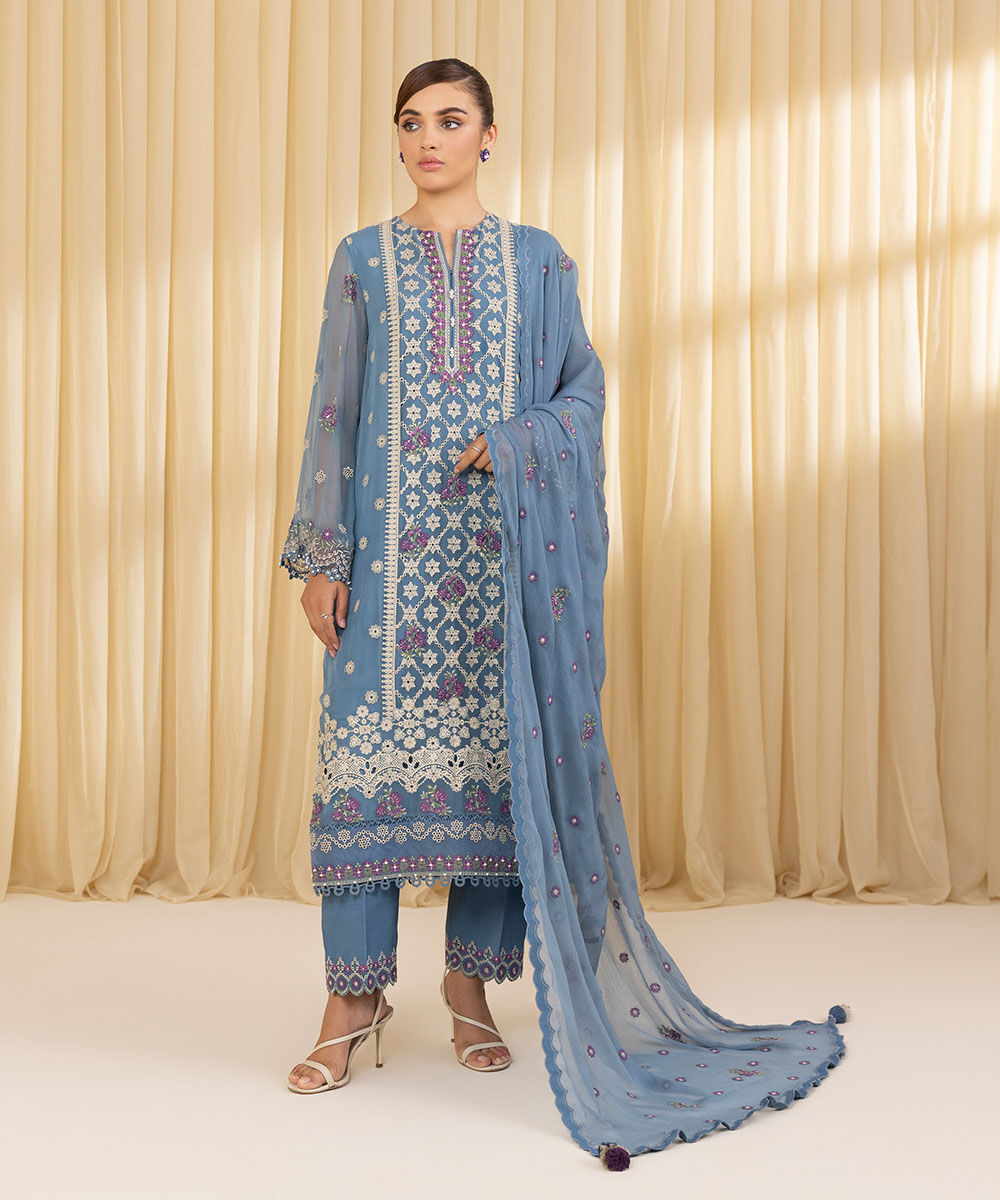 Unstitched Women's Blue Chiffon Embroidered 3 Piece Suit