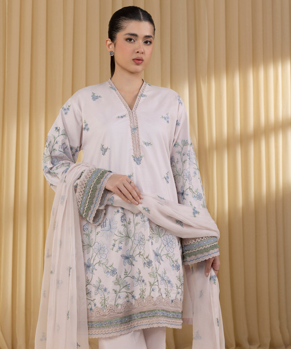 Unstitched Women's Pink Lawn Embroidered 3 Piece Suit