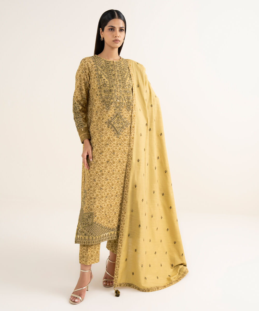 Women's Unstitched Cotton Embroidered Yellow 3 Piece Suit