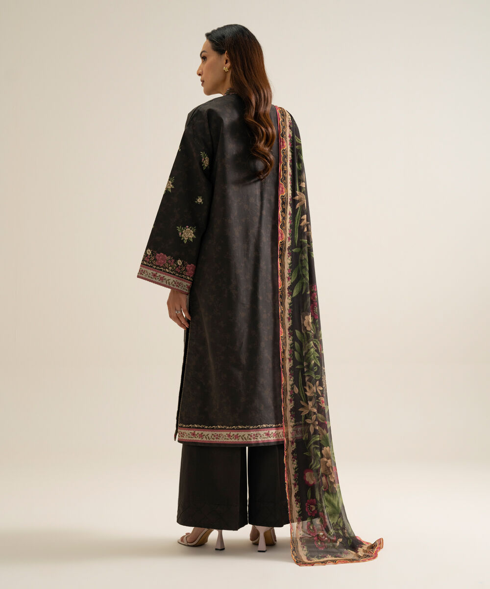 Women's Unstitched Blended Chiffon Embroidered Brown 3 Piece Suit