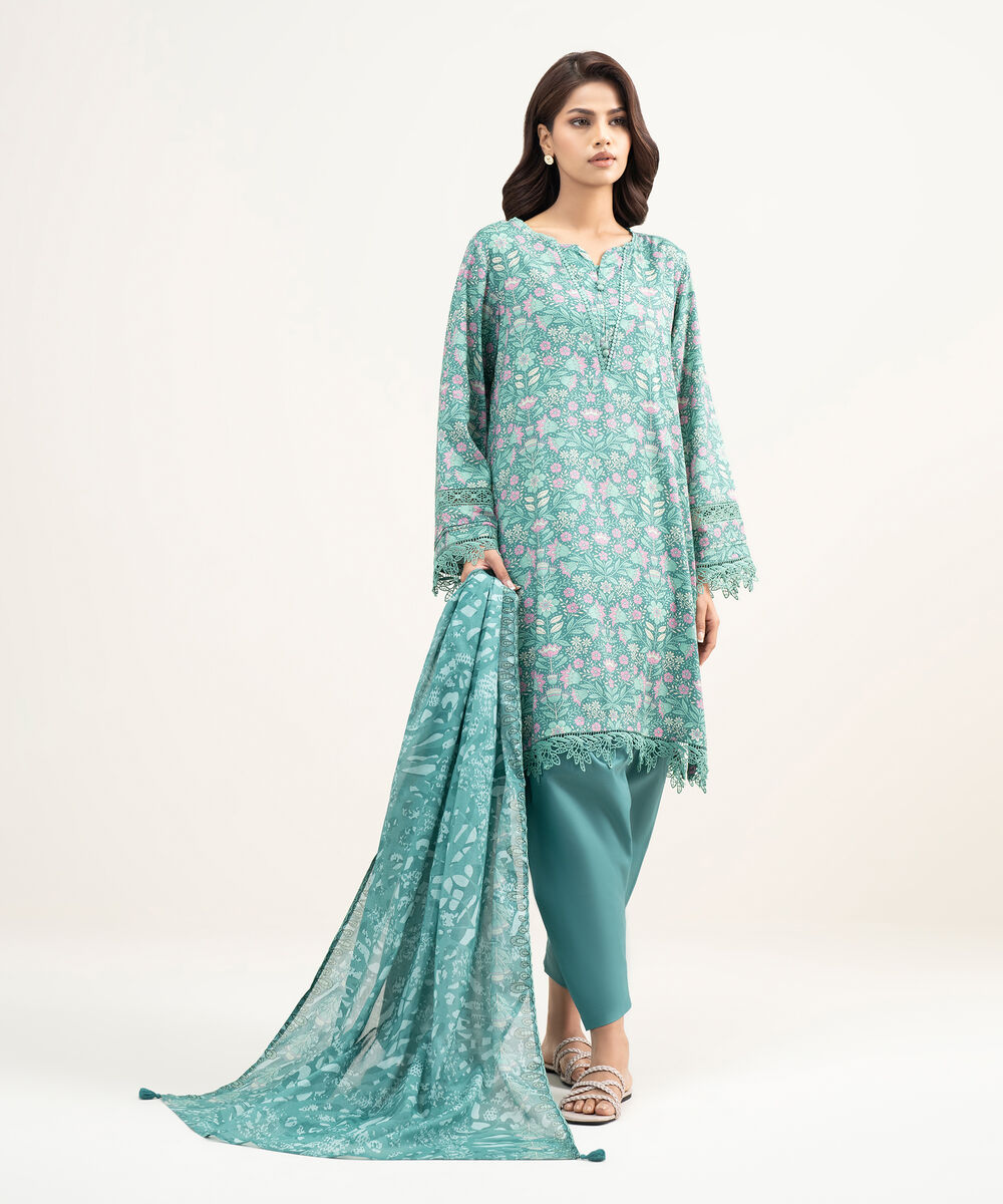 Women's RTW Arabic Lawn Printed Green Straight Shirt