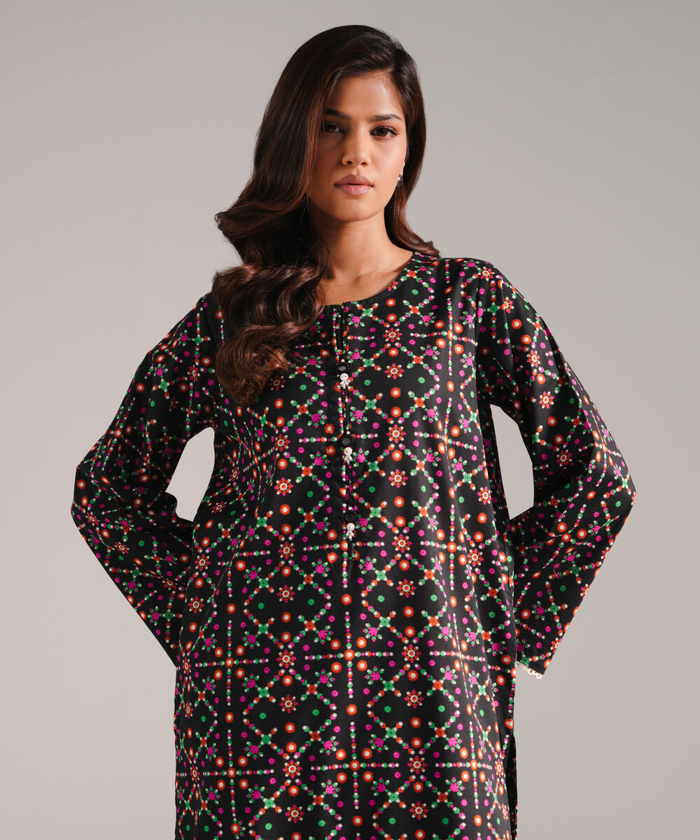 Women's RTW Cotton Viscose Printed Black 2 Piece Suit